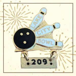 1950s Lake City Bowl 200 Game Award Hat Lapel Pin 209 Score Ball Gold Tone